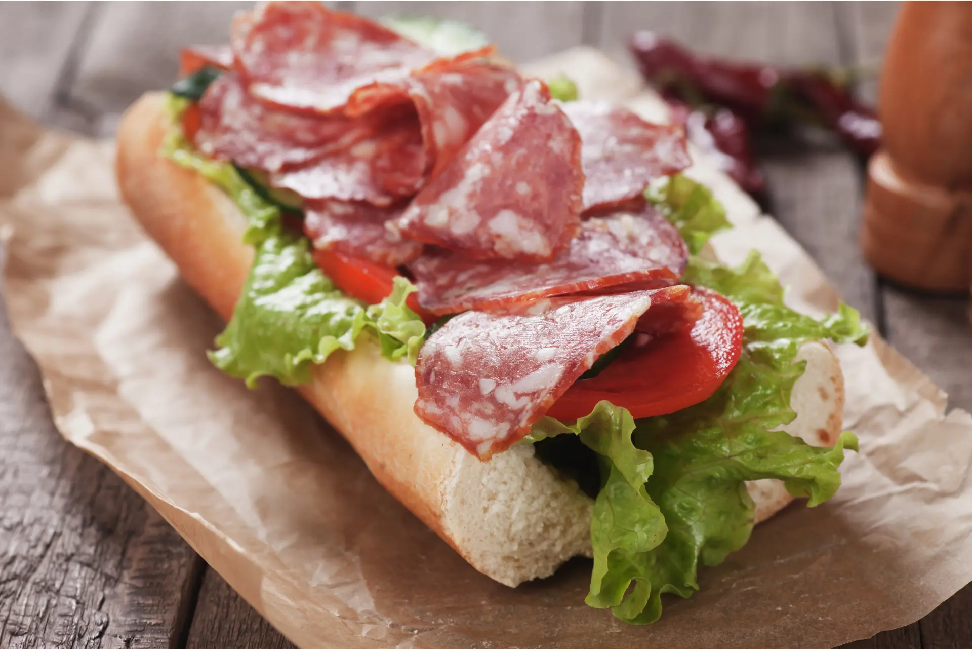 A sandwich on brown paper containing slices of salami, lettuce, and tomato on a wooden table.