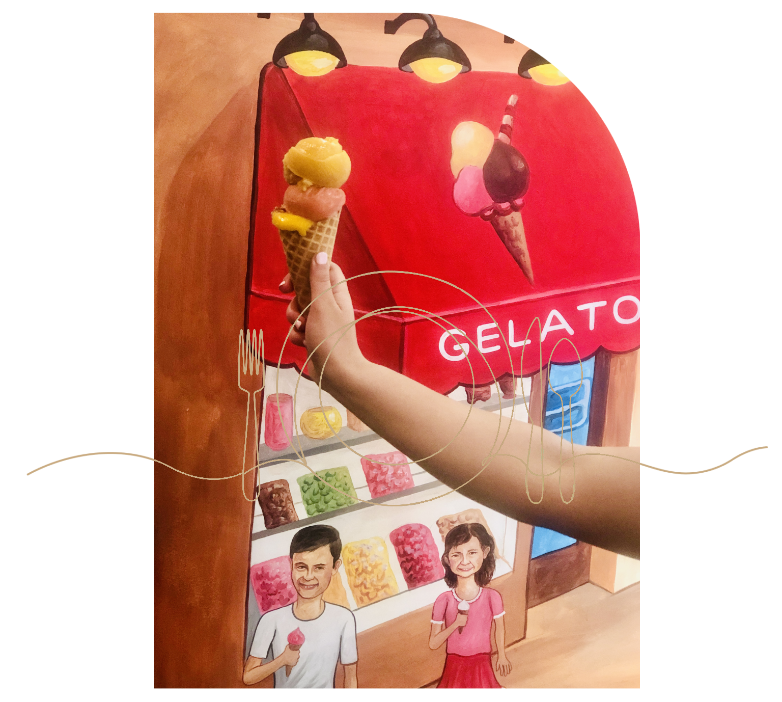 A person holding up an ice cream cone to the side of a store.