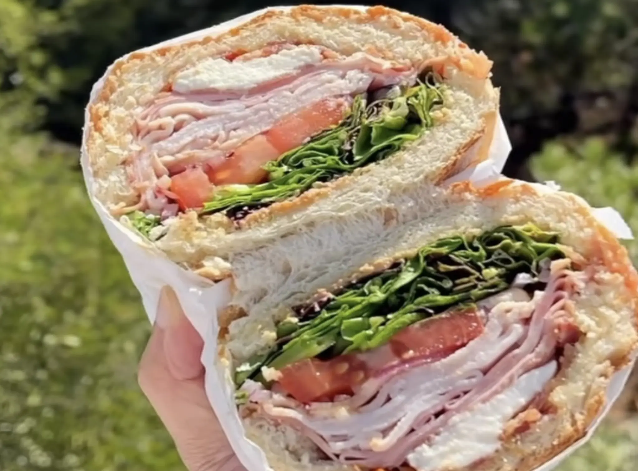 A person holding a sandwich in their hand.